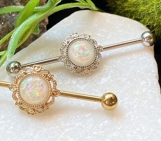 1pc Opal Glitter Lacey Filigree Edge Industrial Barbell - choose Steel or Gold