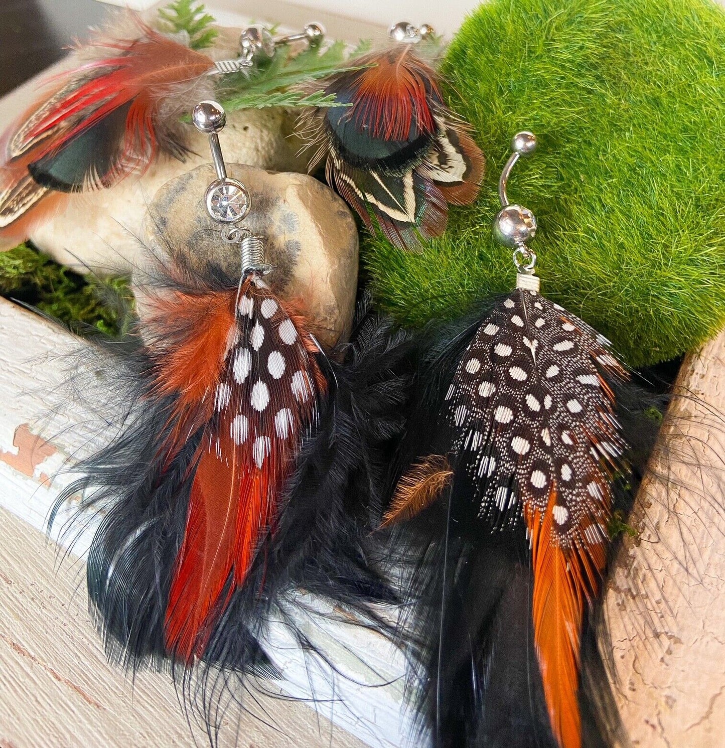 Real Feather Gem Belly Ring Navel Naval Black,Orange,White,Brown,Pink,Green,Red