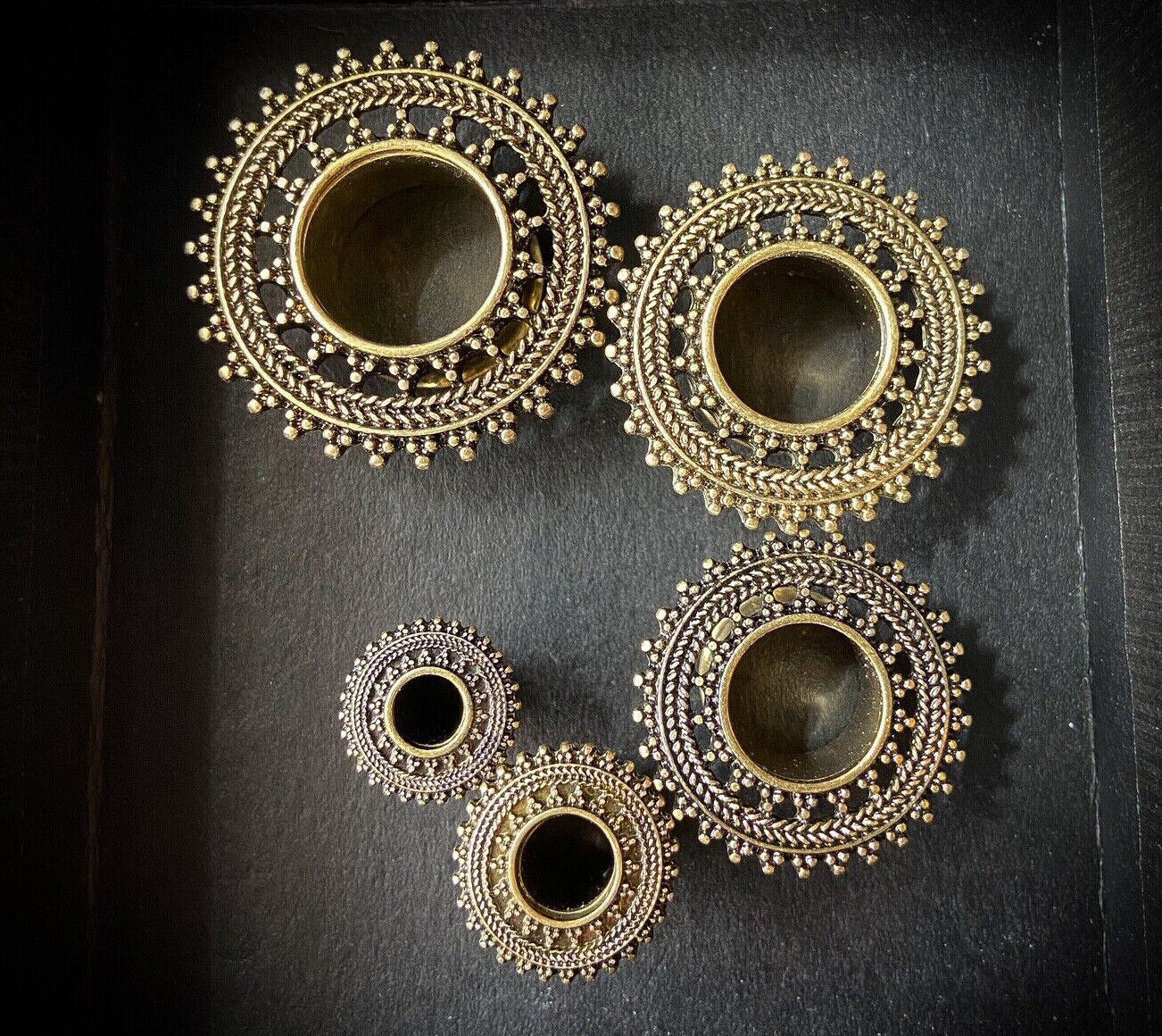 PAIR Antique Gold IP Tribal Lace Design Tunnels Plugs Earlet Gauges Body Jewelry