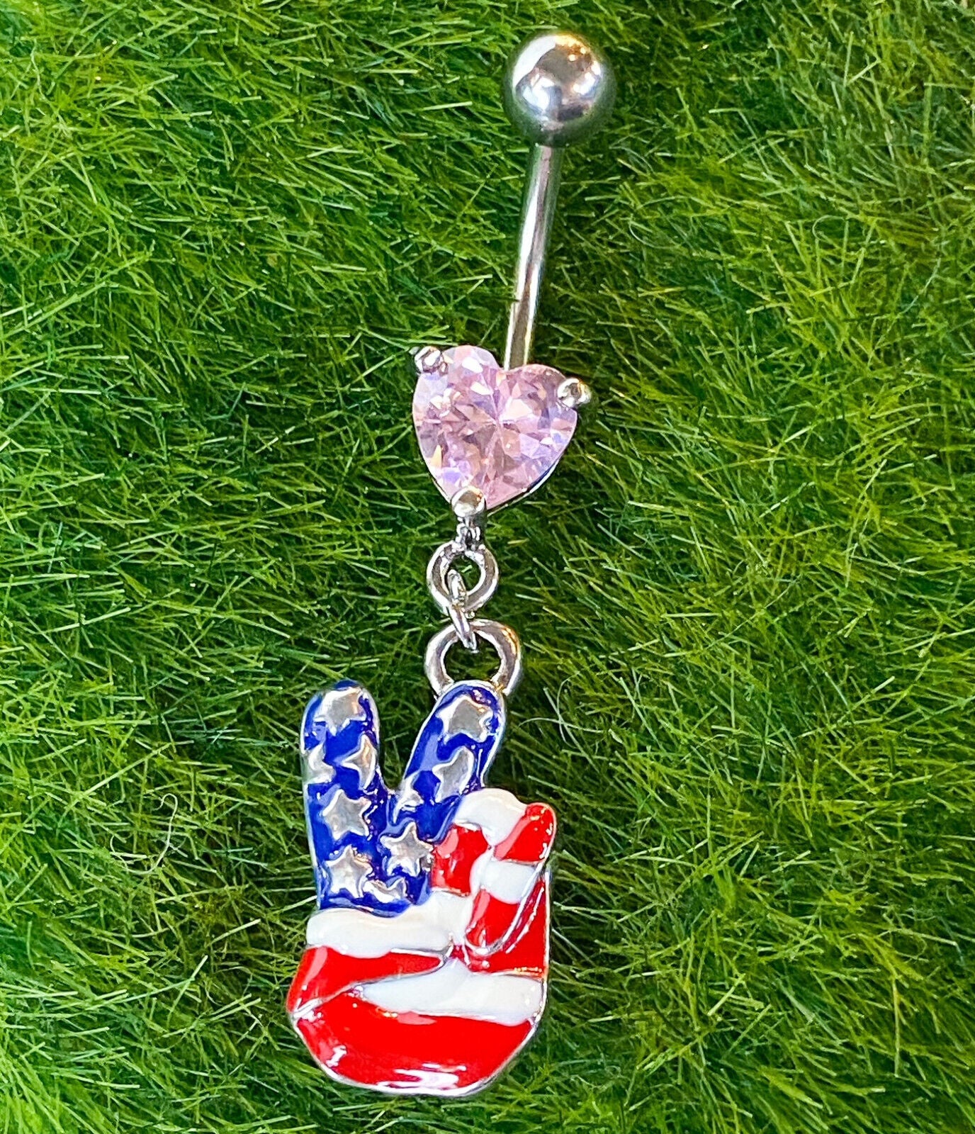 Fingers Peace Sign American Flag Heart Gem Belly Ring Navel Piercing Naval