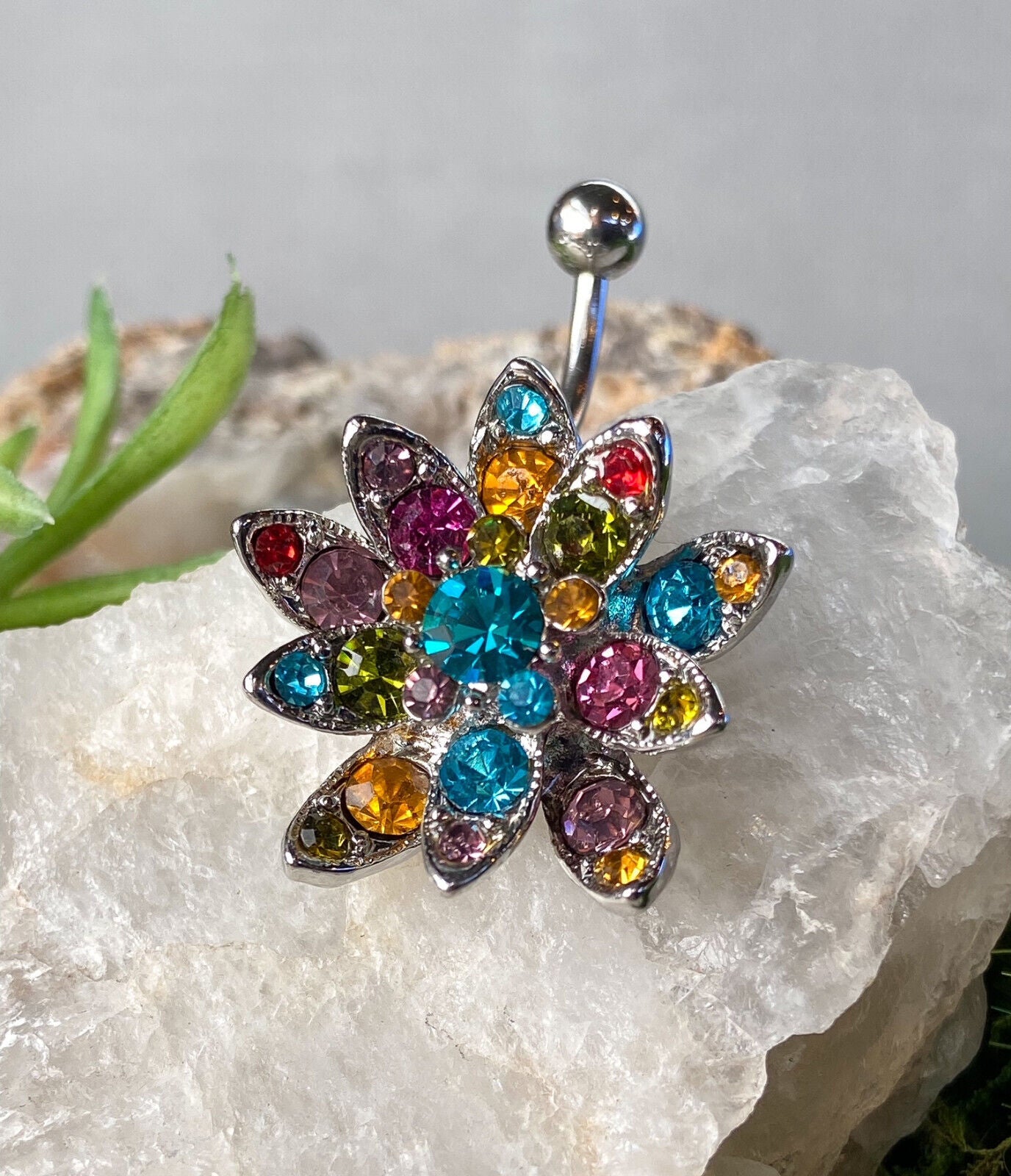 Hinged Multi-color Gem Flower Belly Ring Navel Naval Piercing Body Jewelry