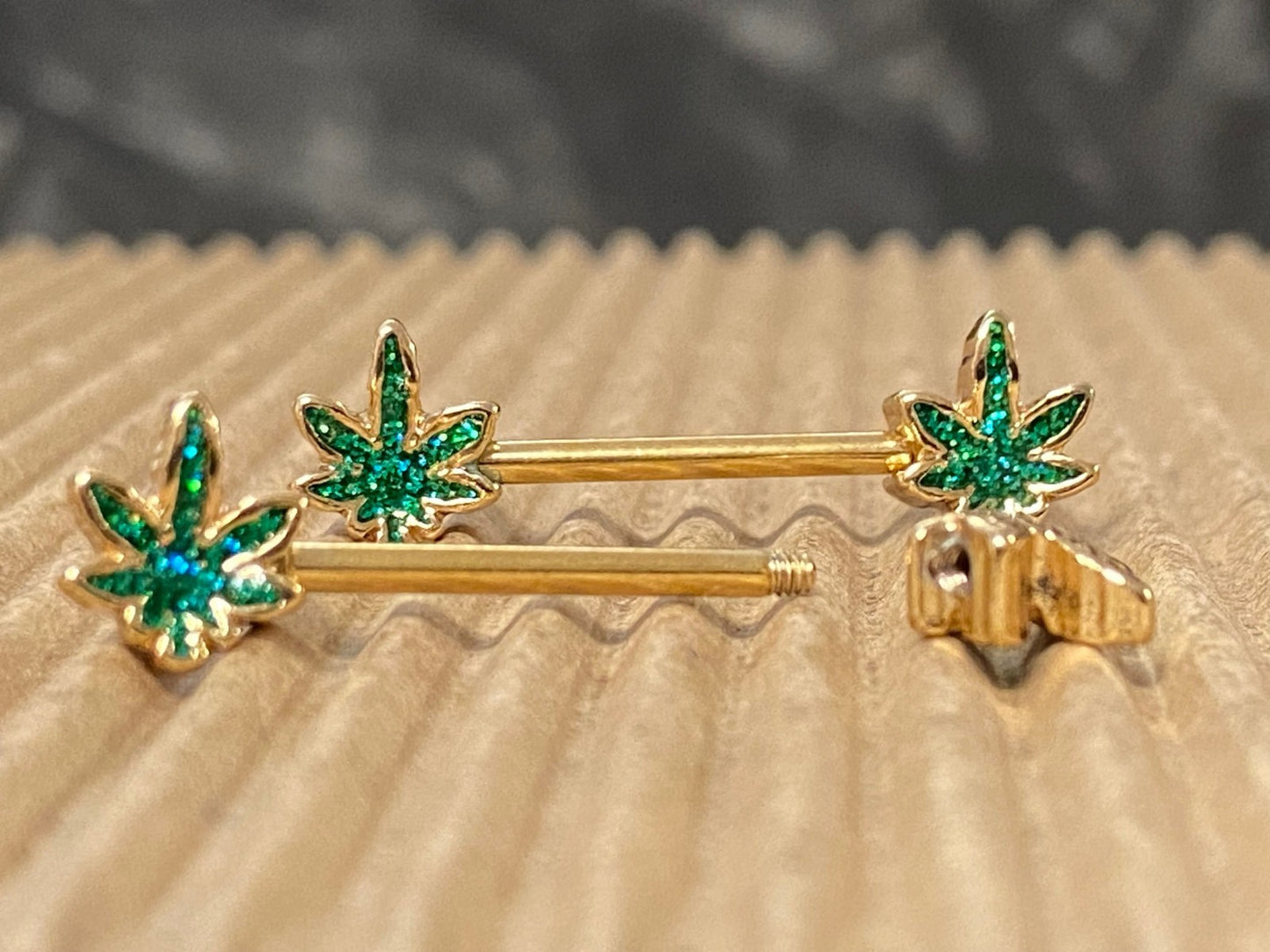 PAIR Glittery Marijuana Leaf Ends Nipple Rings Shields Barbells Pot Body Jewelry