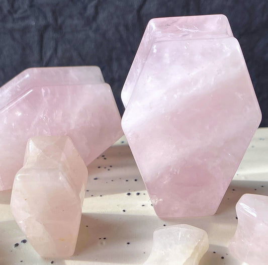 PAIR Rose Quartz Organic Stone Double Flare Coffin Shaped Plugs Gauges