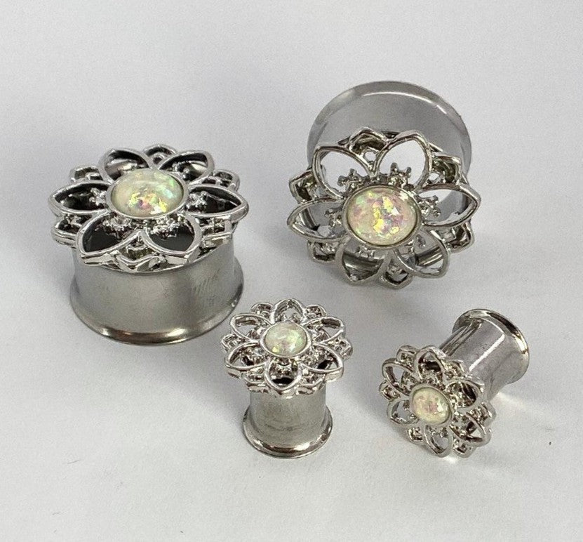 PAIR Flower w/ Opal Center Double Flare Steel Tunnels Plugs Gauges Body Jewelry
