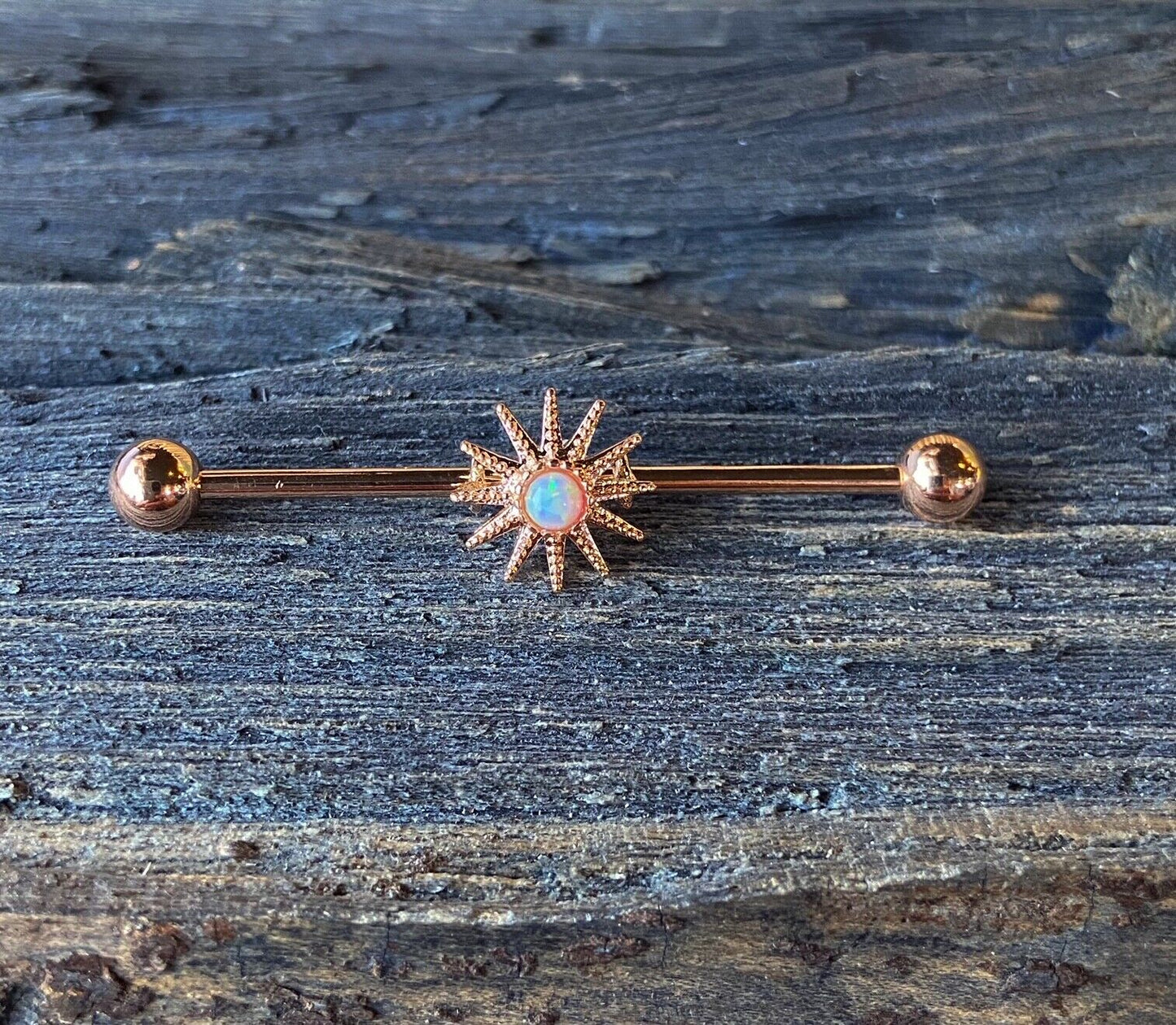 1pc Opal Center Sunburst Industrial Ear Barbell Sun 38mm, 1.5", 1 & 1/2 inch