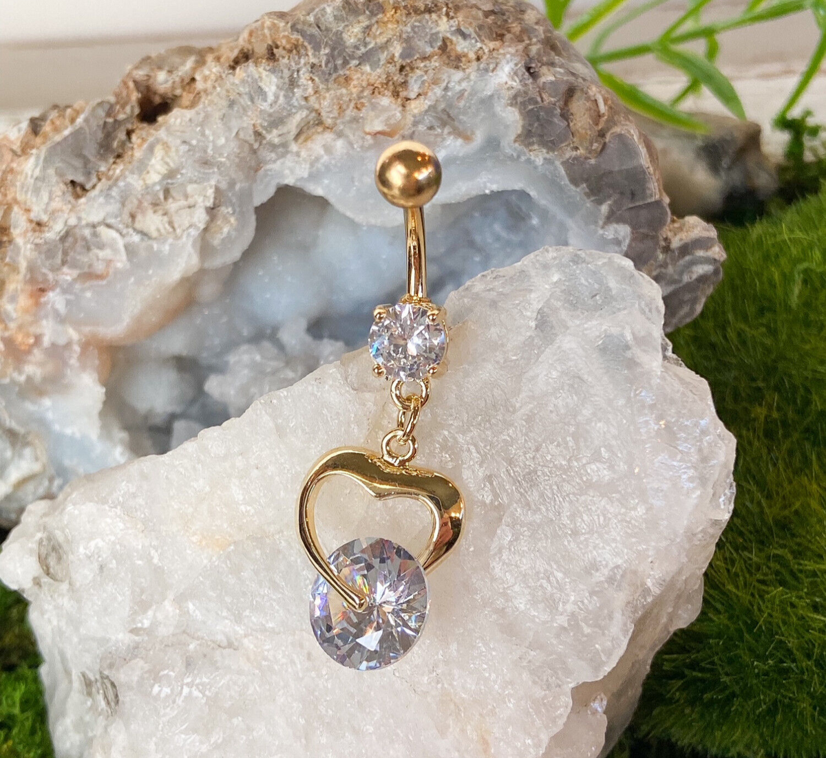 Gold Heart Clear CZ Gem Belly Ring Navel Piercing Pierced Naval Body Jewelry