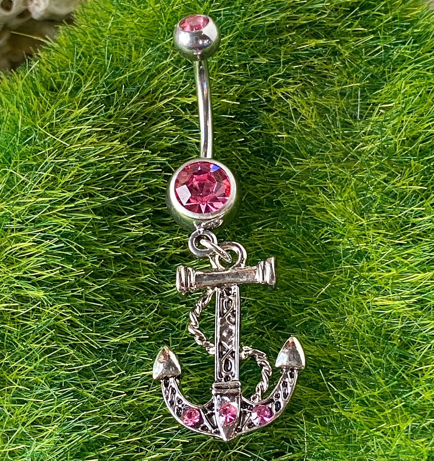 Anchor Dangle Belly Ring Pierced Navel Ship Nautical CZ Gem Clear, Pink, Aqua