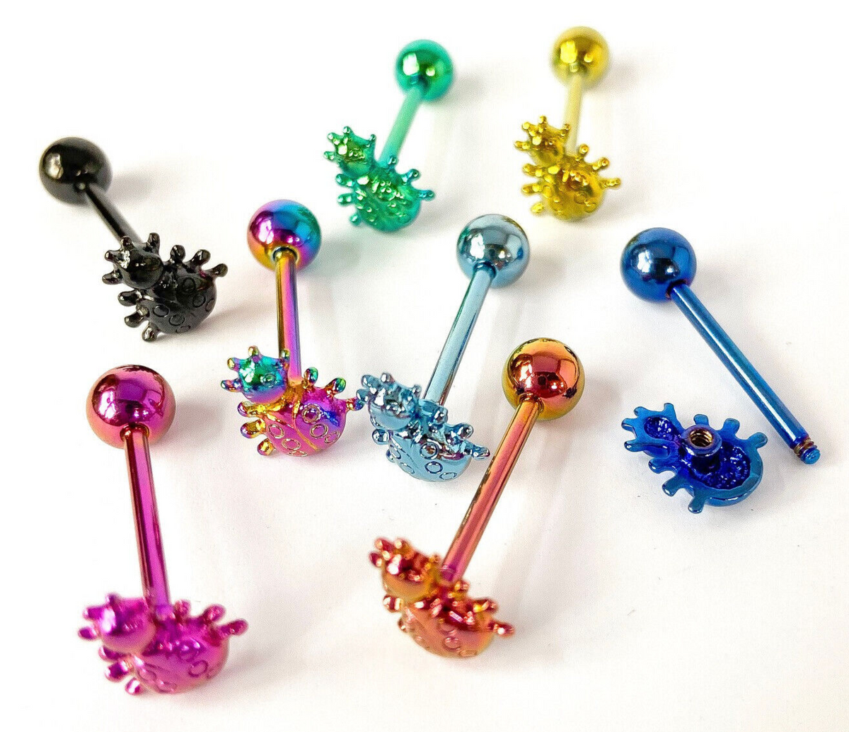 1pc Ladybug Design Tongue Ring Lady Bug Titanium Anodized 14g Tounge Barbell