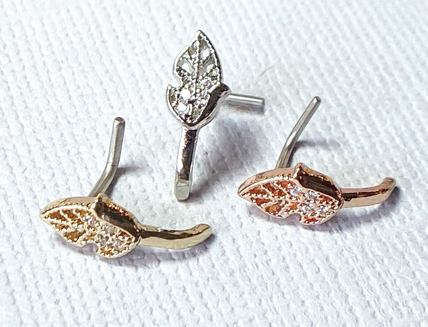 1pc CZ Gem Set Leaf Nose Crawler L-Bend 20g or 18g Nose Ring Stud Screw