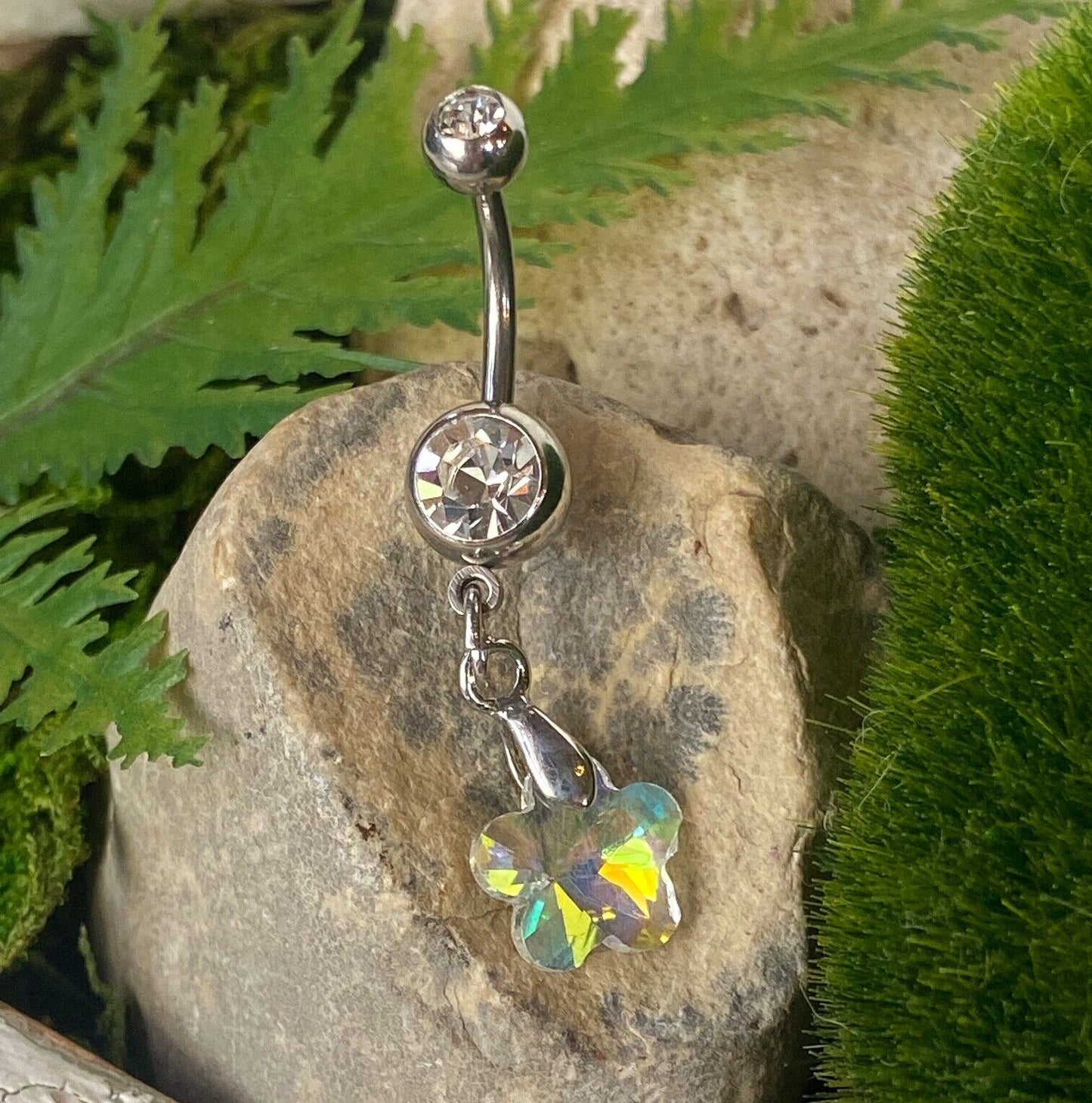 Crystal Ray Prism Flower Gem Belly Ring Navel Naval AB, Clear, Pink, Aqua