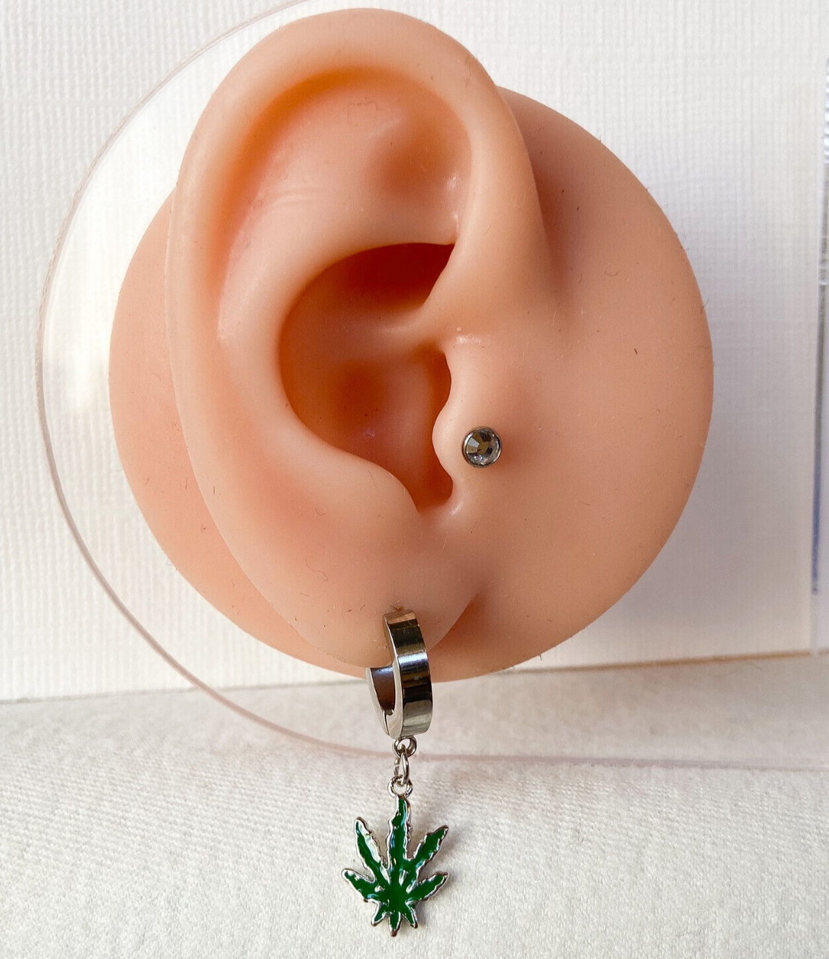 PAIR of Pot Leaf Dangle Hinged Hoop Earrings Huggies Marijuana 18g Steel 