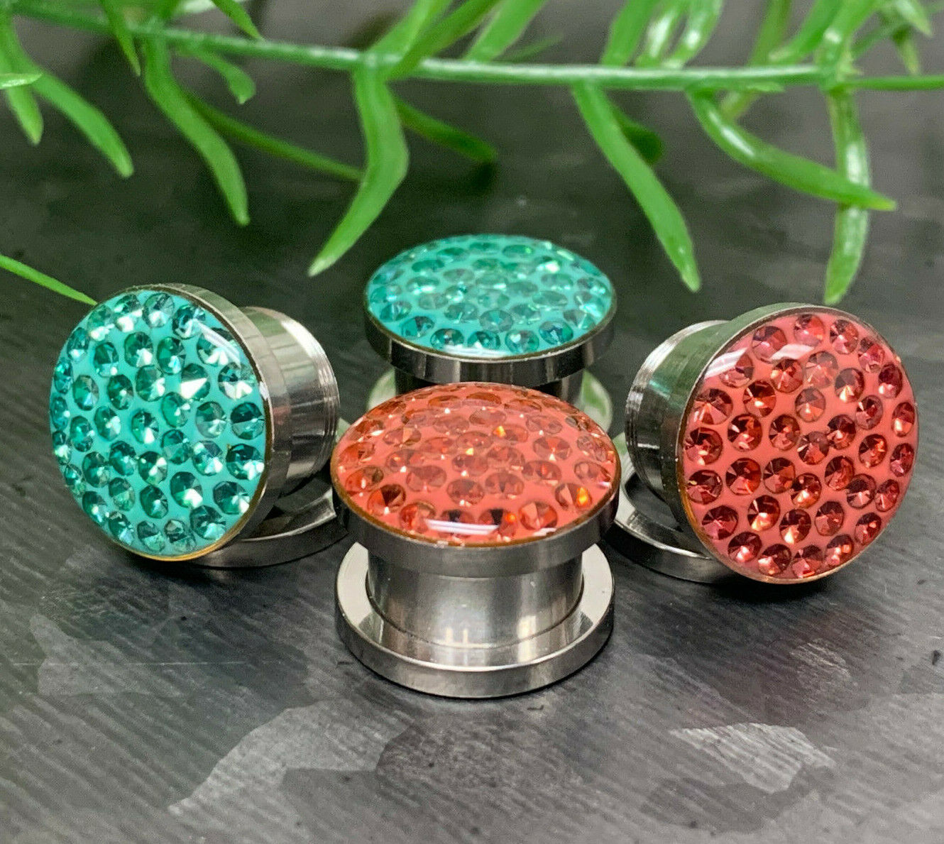 PAIR Epoxy Coated Ferido Gems Screw Fit Plugs Tunnels Earlets Gauges