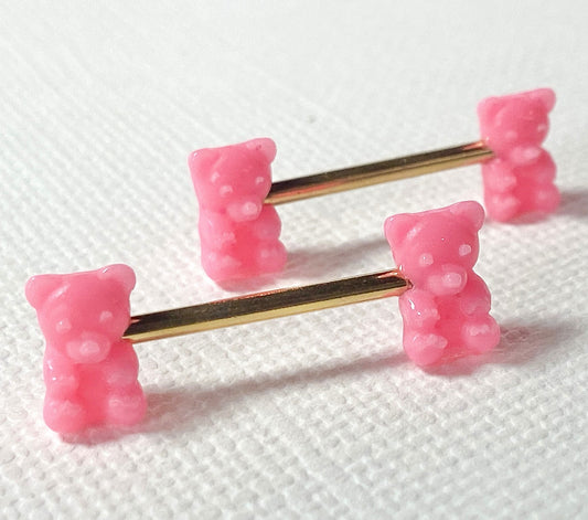 PAIR Pink Gummy Bear Nipple Rings Shields Body Jewelry Surgical Steel Barbells