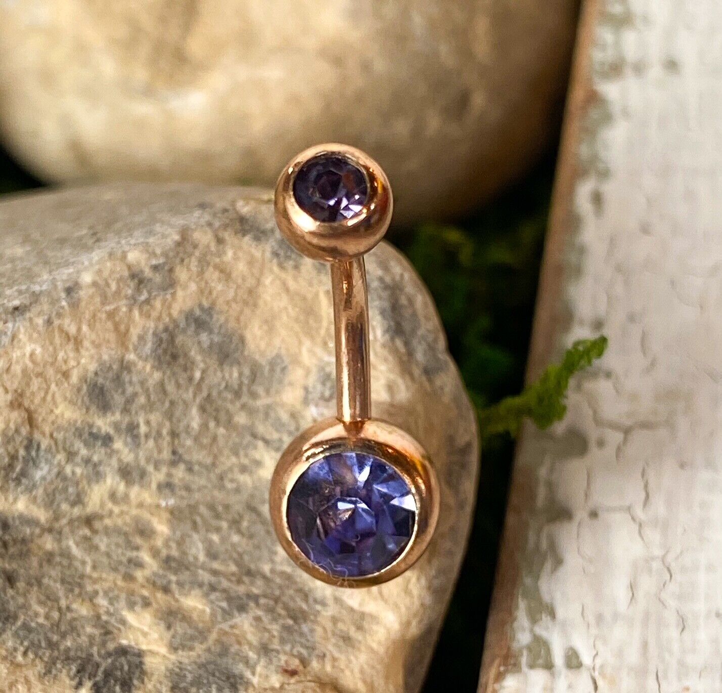 Rose Gold Plated Steel Double CZ Gem Ball Belly Ring Pierced Navel Naval