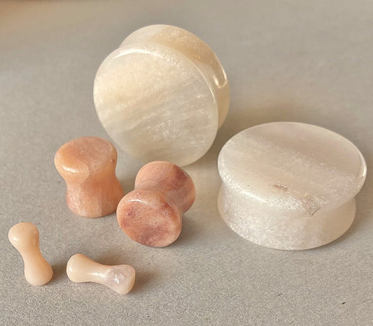 PAIR Natural Peach Semi-Precious Stone Double Flare Plugs Organic Earlets Gauges