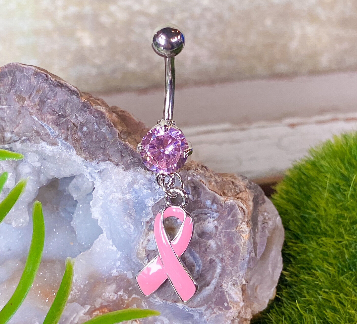 1pc Breast Cancer Awareness Pink Ribbon CZ Gem Belly Ring Pierced Navel Naval