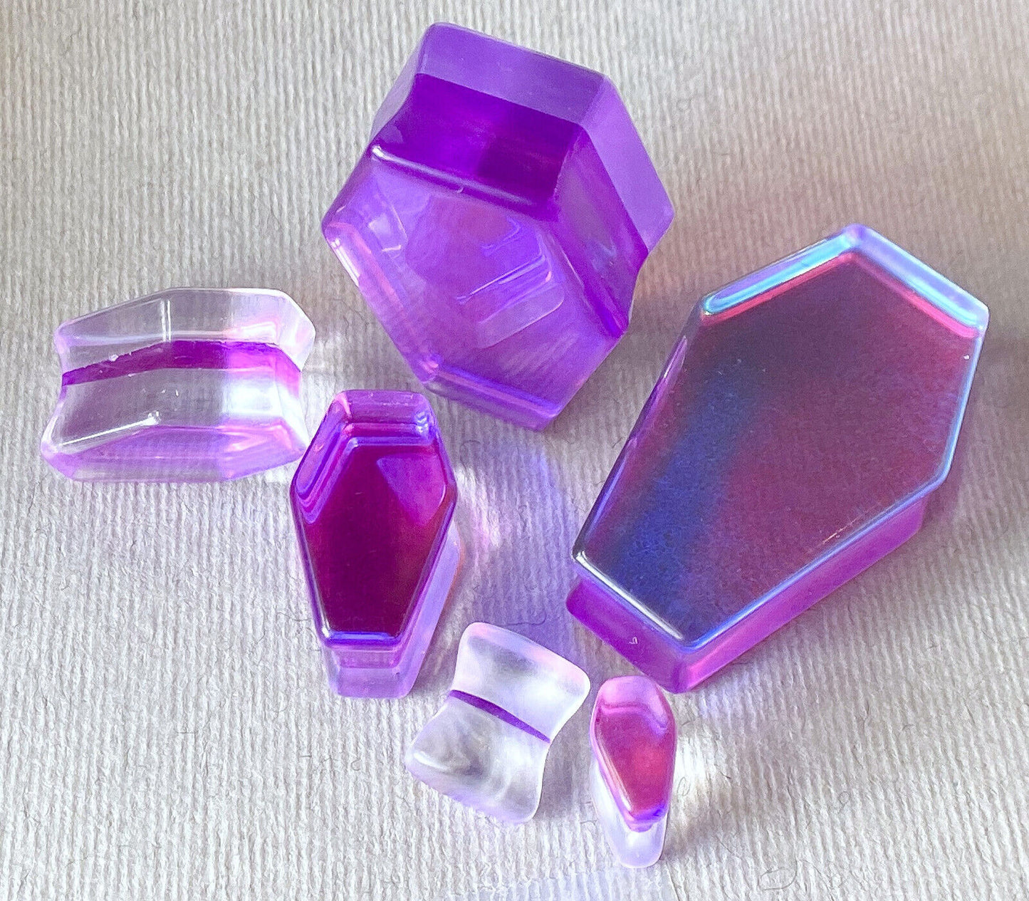 PAIR Mermaid Iridescent Glass Coffin Shaped Double Flare Plugs Gauges