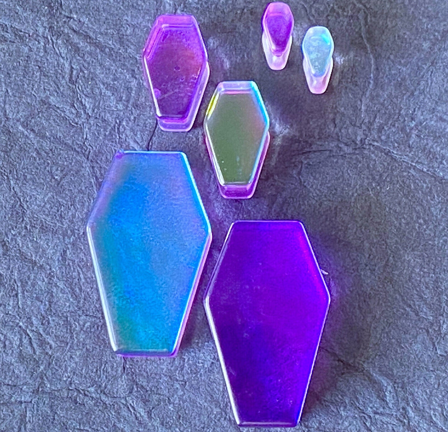 PAIR Mermaid Iridescent Glass Coffin Shaped Double Flare Plugs Gauges