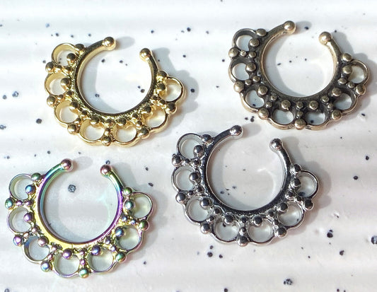1pc 100% SURGICAL STEEL Non-Piercing Fake Septum Hanger Tribal Fan Clip-on