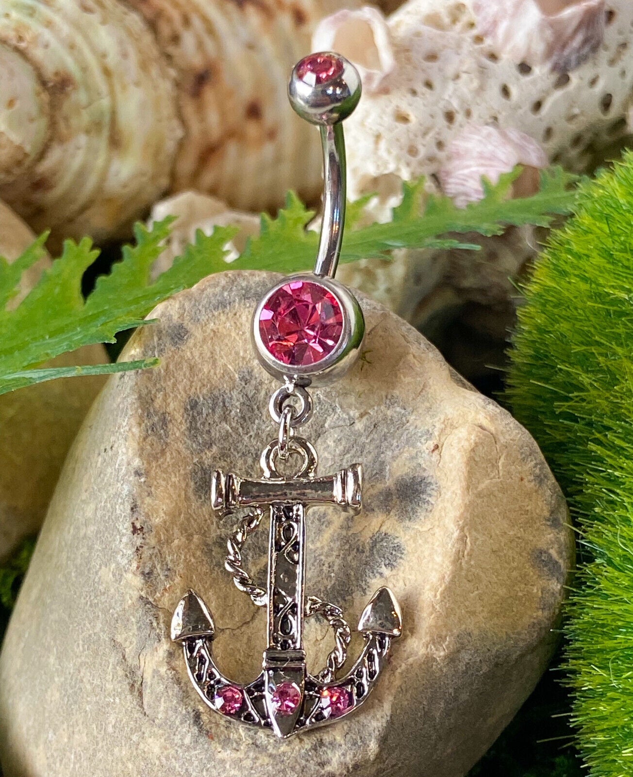 Anchor Dangle Belly Ring Pierced Navel Ship Nautical CZ Gem Clear, Pink, Aqua