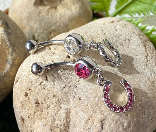 Horseshoe Clear Gem Belly Ring Navel Naval Lucky Horse Shoe Clear, Pink