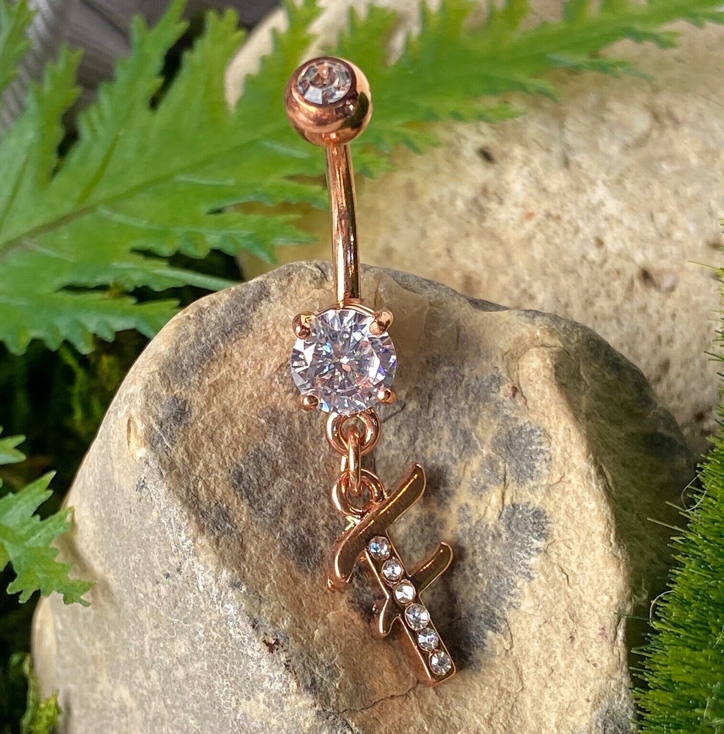 14kt Rose Gold Plated Initial Dangle Belly Ring Pierced Navel Naval Letter