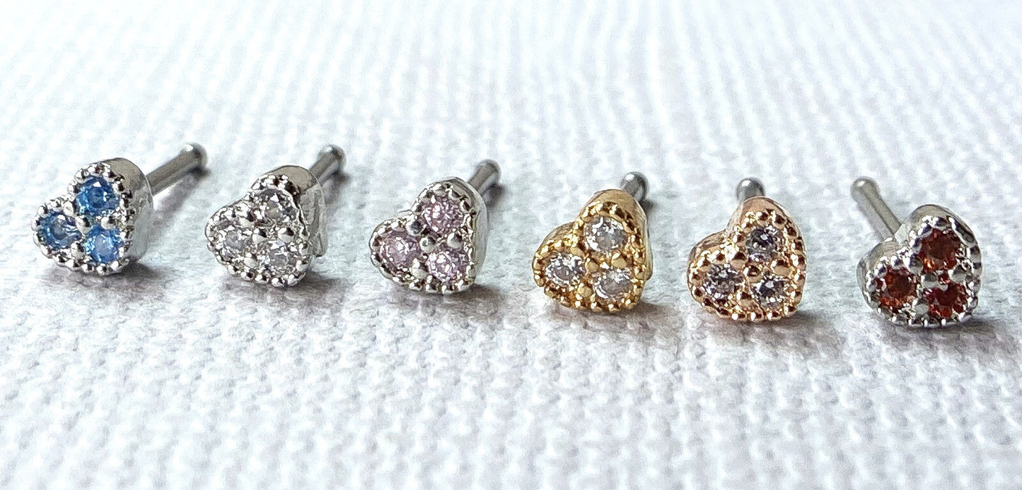 1pc CZ Gem Paved Heart 20g Nose Ring Stud Bone 316L Surgical Steel