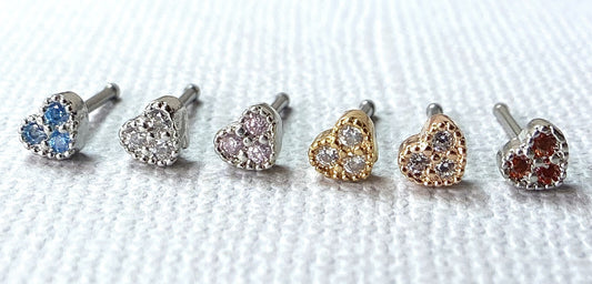 1pc CZ Gem Paved Heart 20g Nose Ring Stud Bone 316L Surgical Steel
