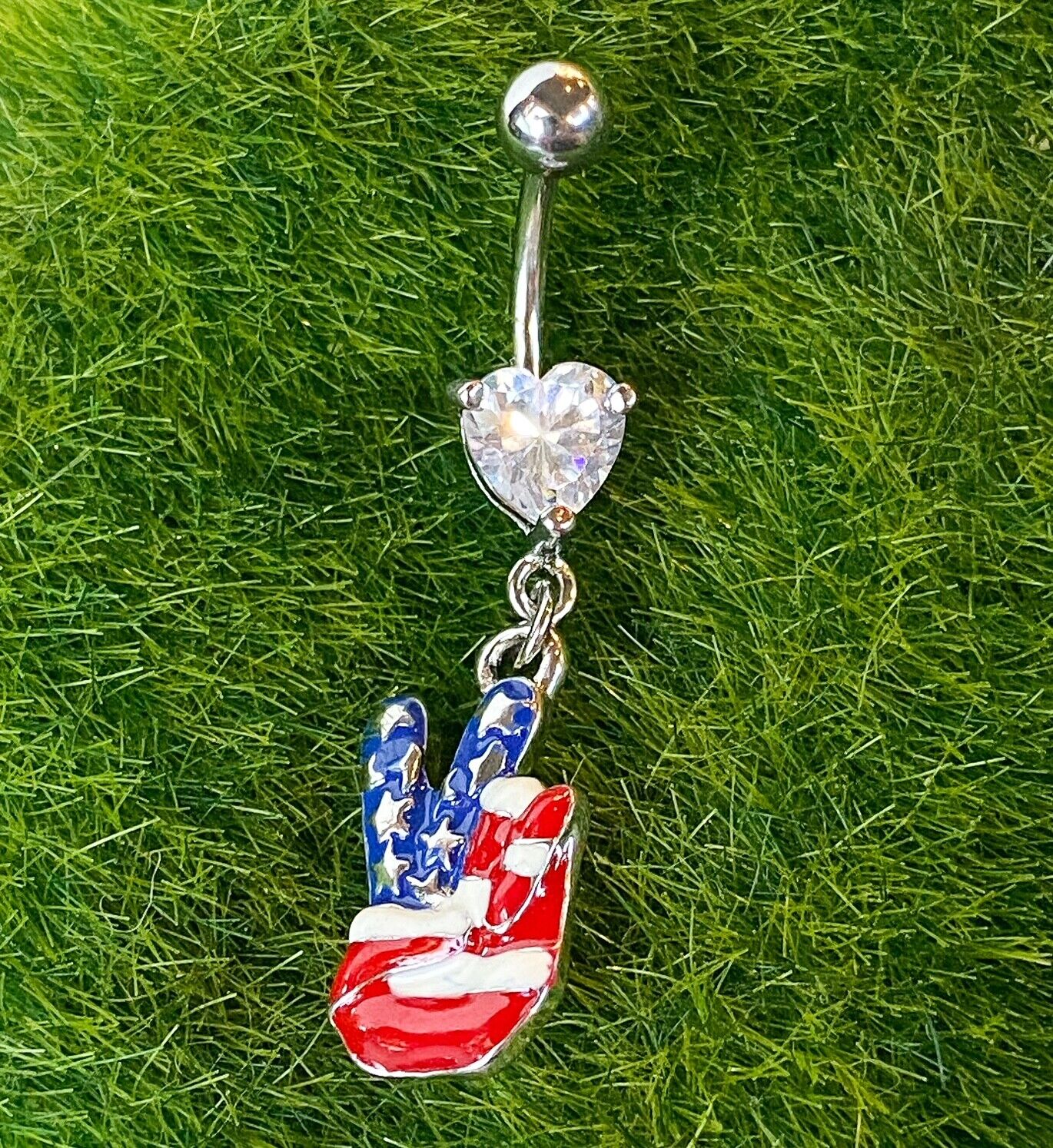 Fingers Peace Sign American Flag Heart Gem Belly Ring Navel Piercing Naval