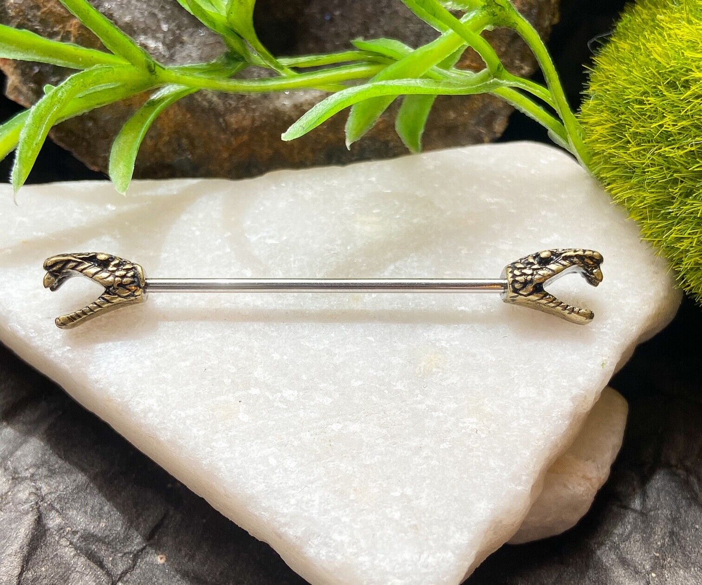 1pc Steel Industrial Barbell with Hissing Snake Heads 14g, 1.5" 38mm 1&1/2"