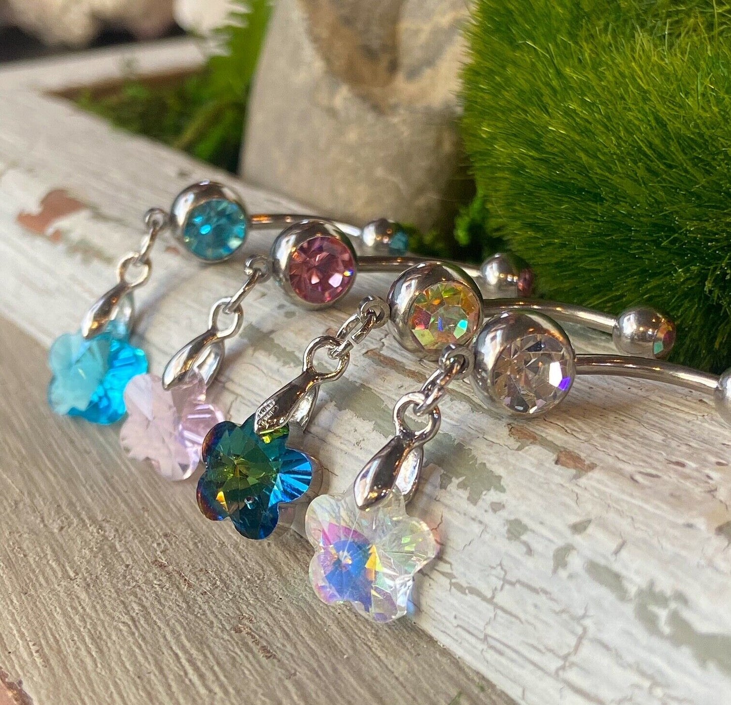 Crystal Ray Prism Flower Gem Belly Ring Navel Naval AB, Clear, Pink, Aqua