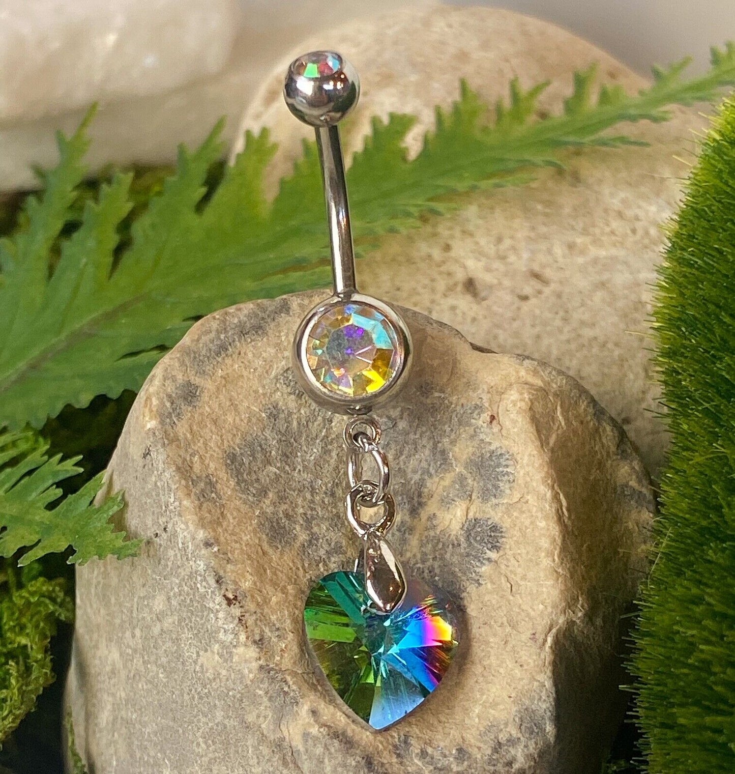 Crystal Ray Prism Heart Gem Belly Ring Navel Naval AB, Clear, Pink, Aqua