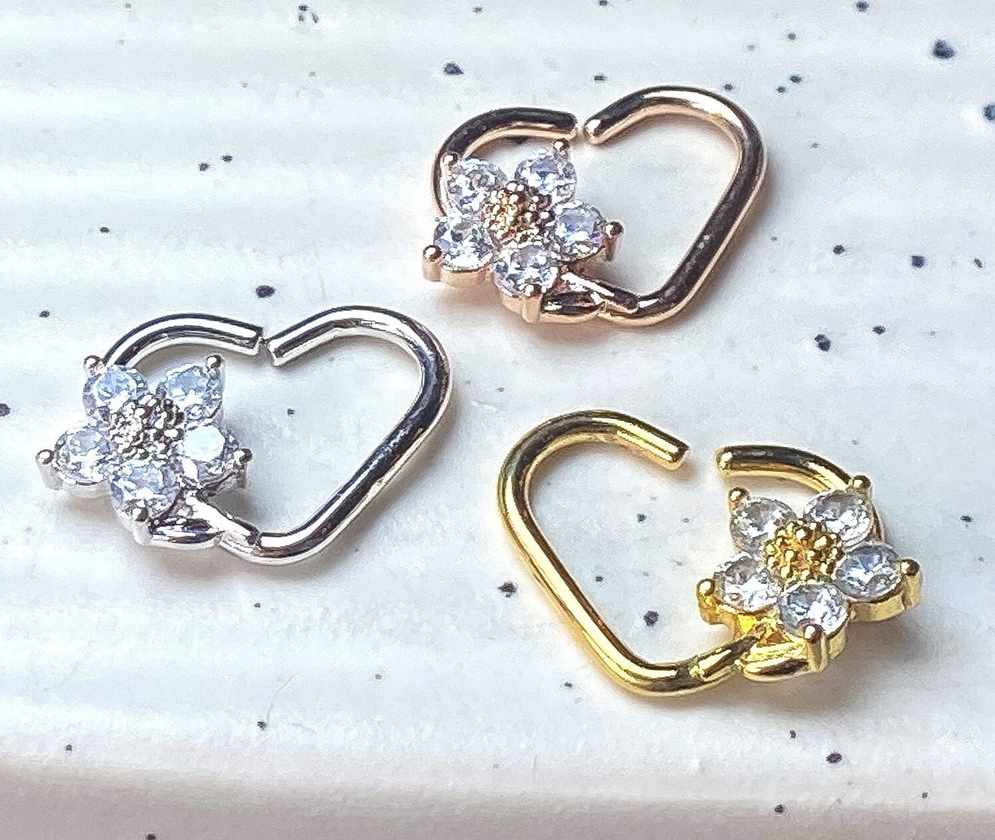 1pc Heart Bendable Ear Cartilage Daith Hoop Ring w/ Prong Set CZ Gem Flower