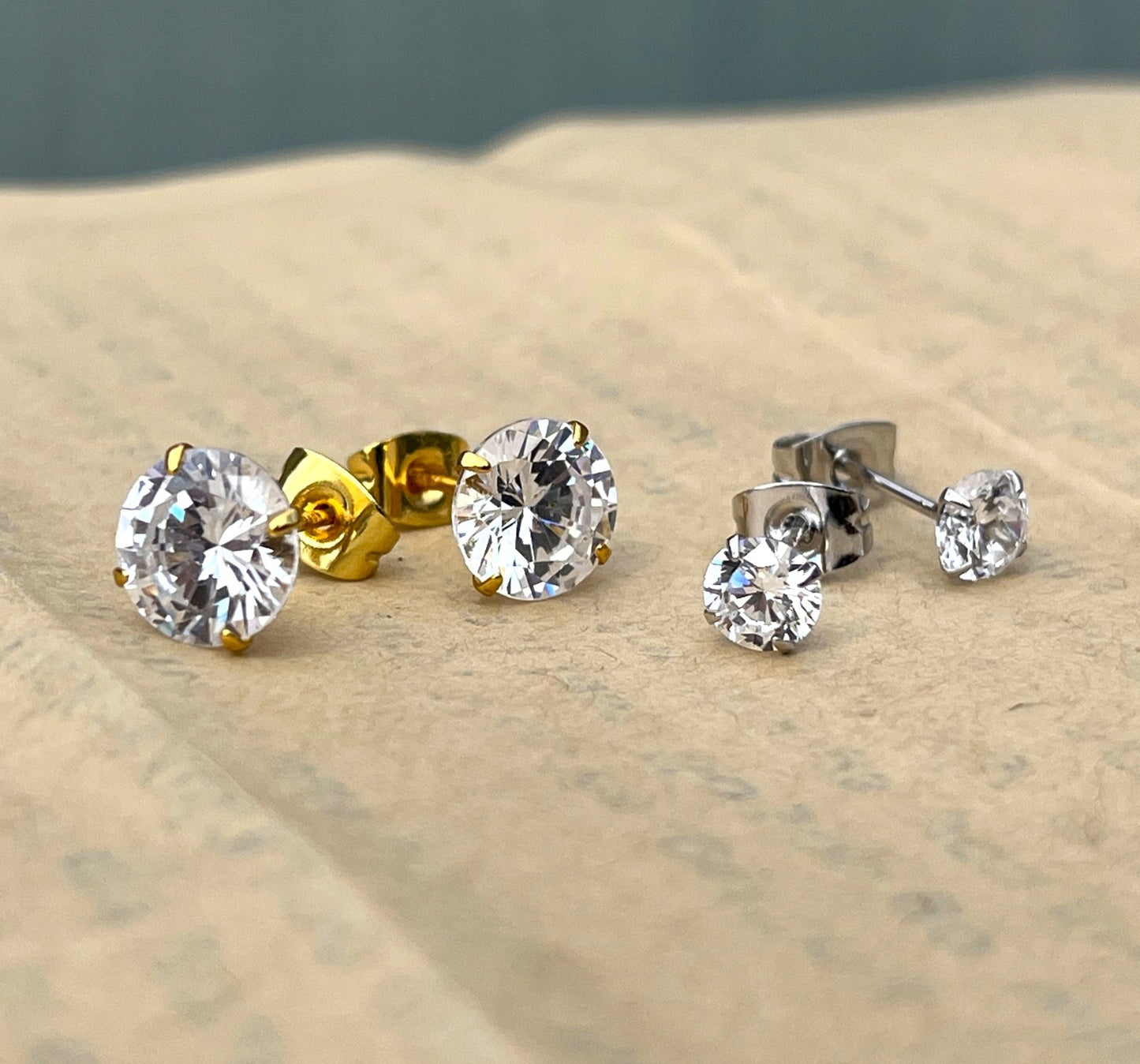 PAIR .925 Sterling Silver CZ Gem Martini Stud Earrings 24kt Gold PVD Jewelry