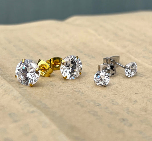 PAIR .925 Sterling Silver CZ Gem Martini Stud Earrings 24kt Gold PVD Jewelry
