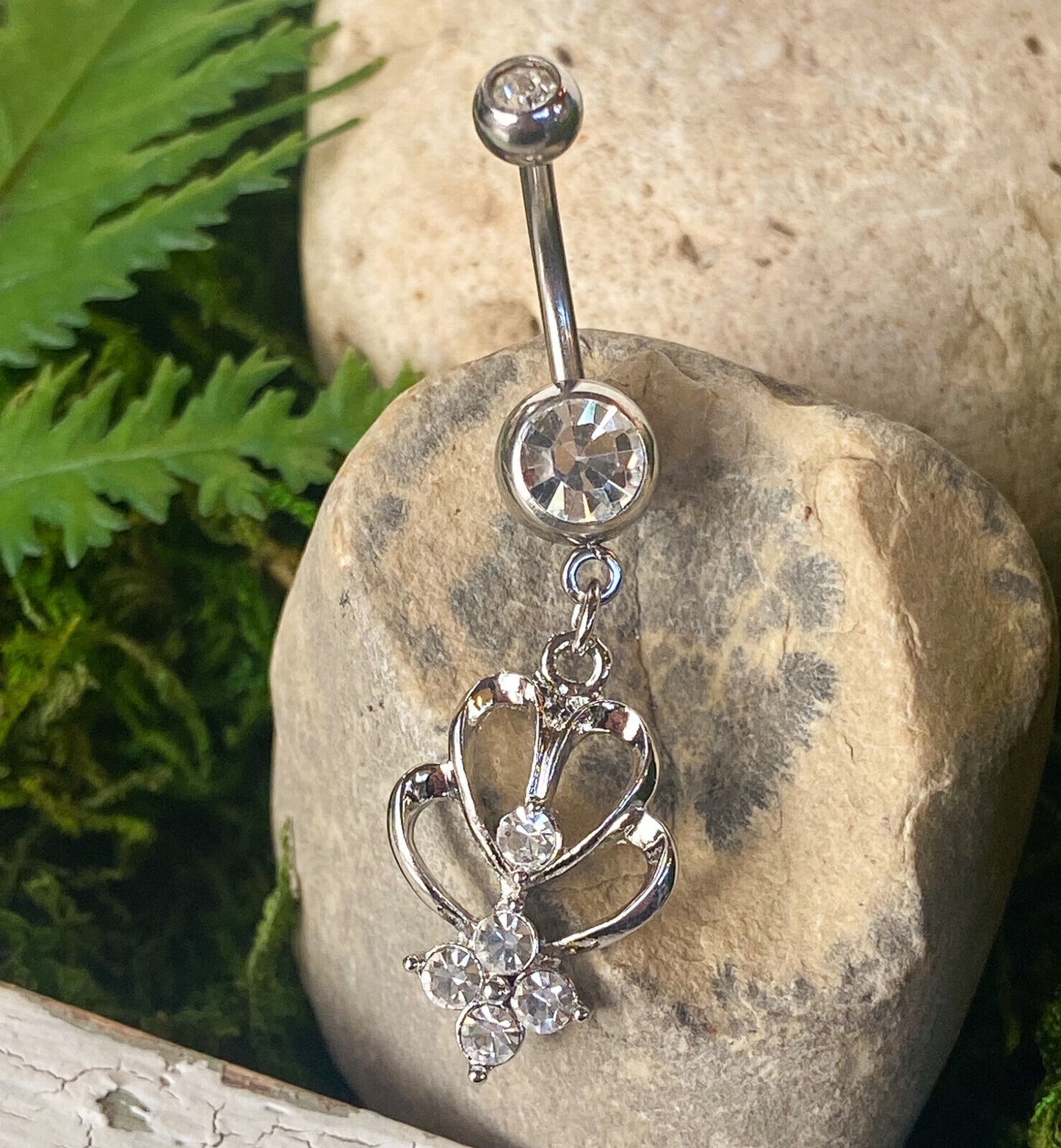 Double Heart Shrine Gem Belly Ring Navel Green, Pink, Red, Aqua, Purple