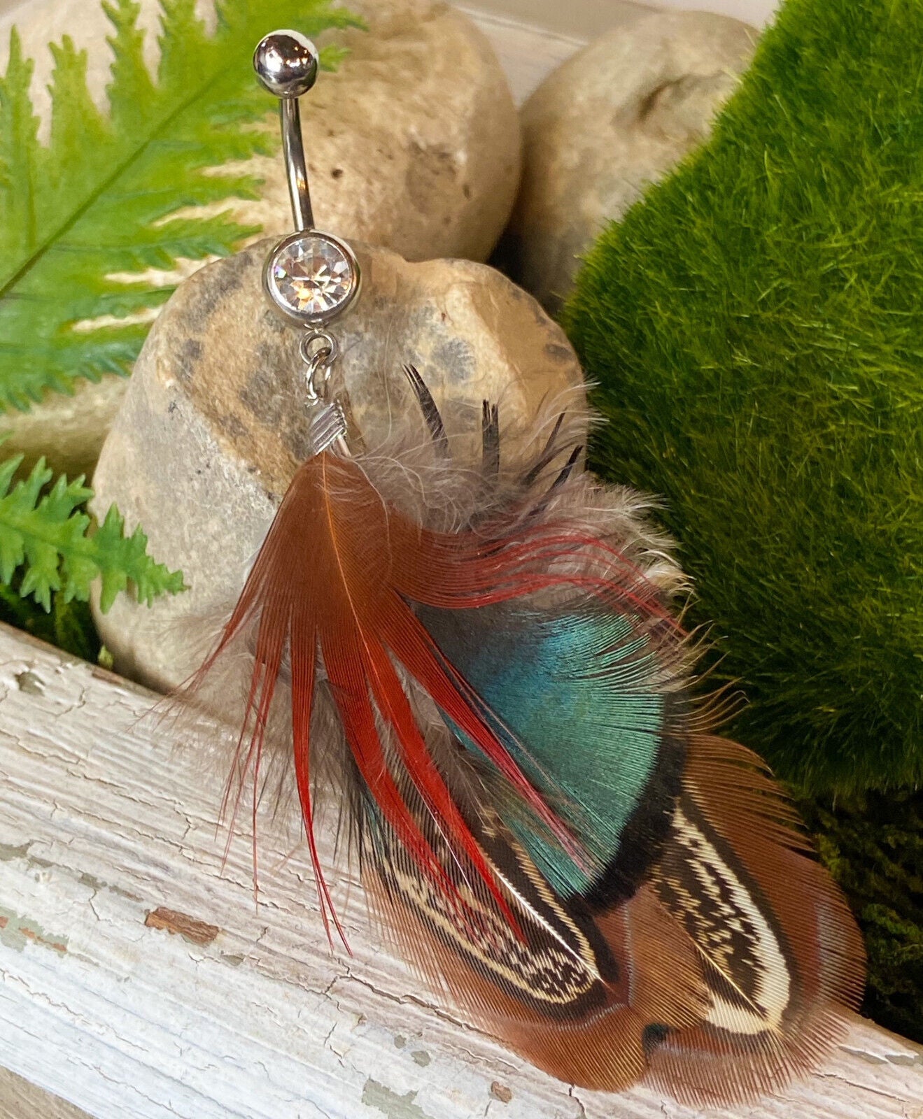 Real Feather Gem Belly Ring Navel Naval Black,Orange,White,Brown,Pink,Green,Red