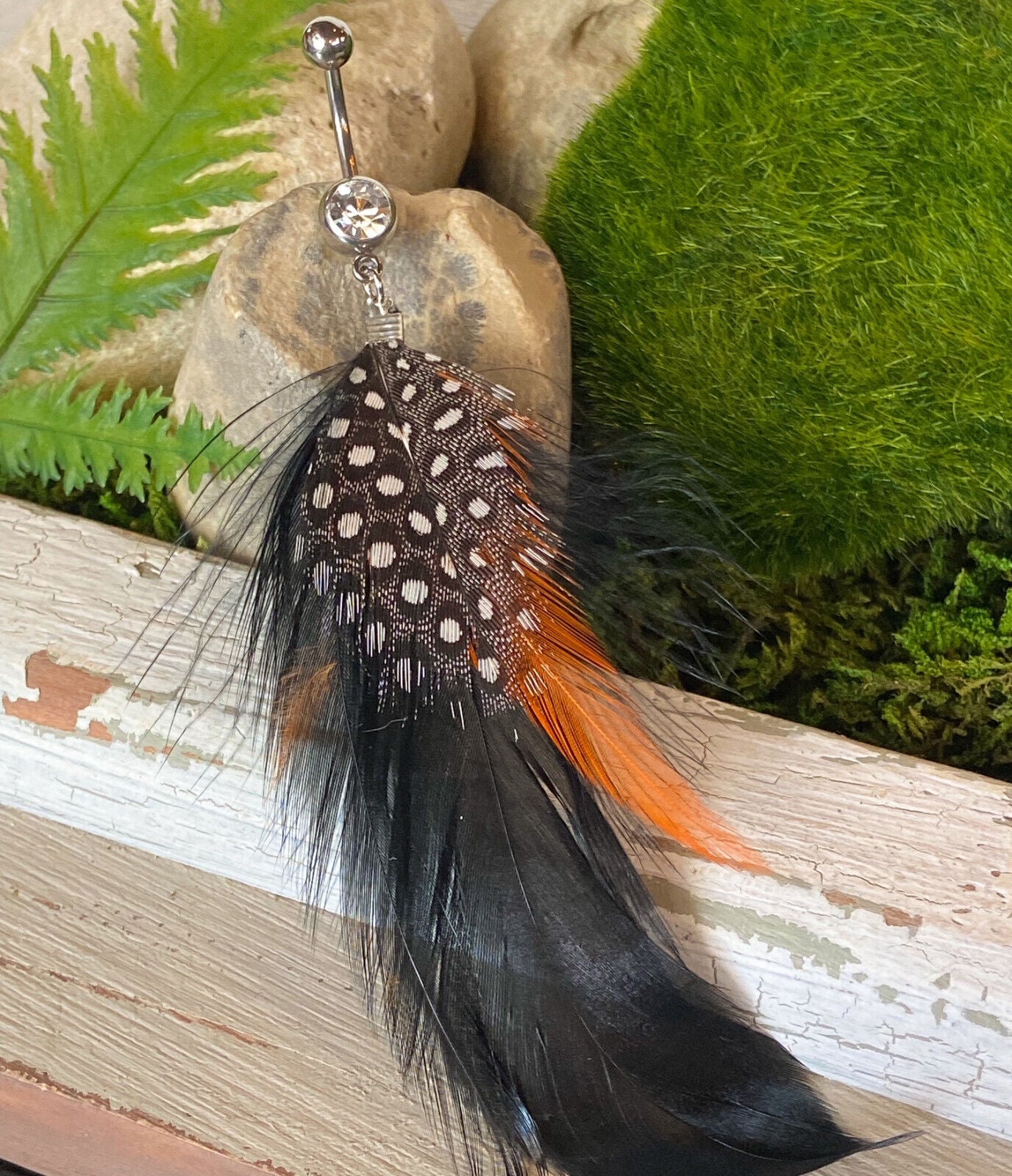 Real Feather Gem Belly Ring Navel Naval Black,Orange,White,Brown,Pink,Green,Red