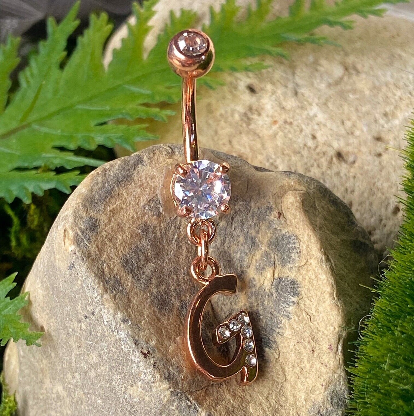 14kt Rose Gold Plated Initial Dangle Belly Ring Pierced Navel Naval Letter