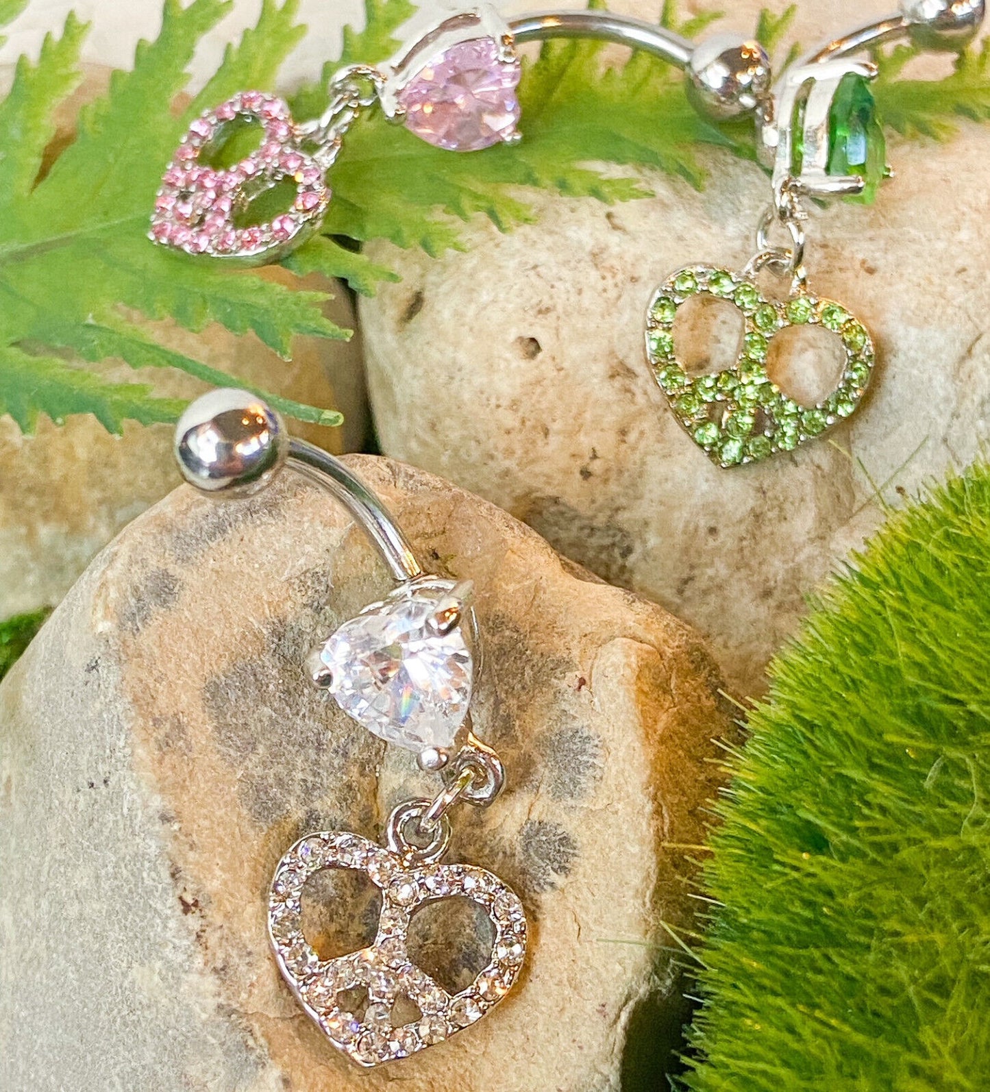 Peace Heart Gem Belly Ring Navel Naval Clear, Green, Pink