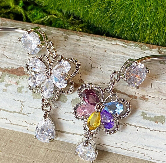 Butterfly CZ Gem Belly Ring Navel Naval Teardrop Dangle Clear, Mulitcolor