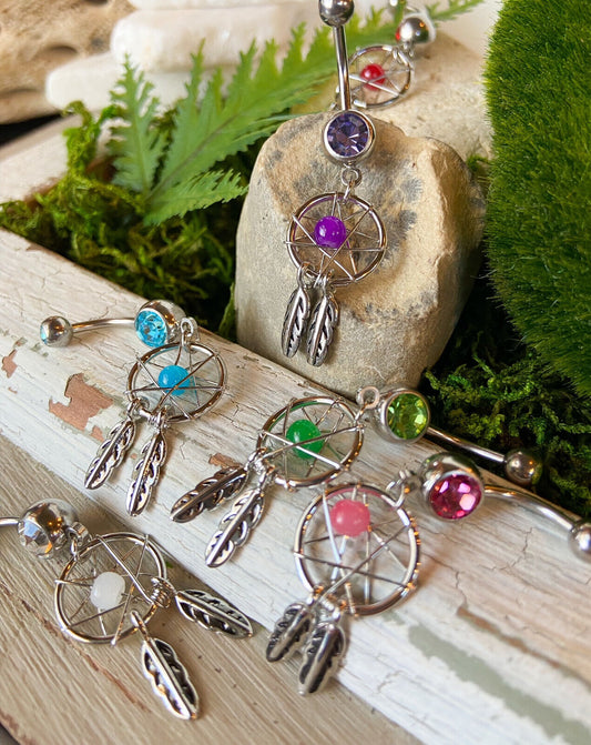 Dream Catcher Woven Star Bead Feathers Gem Belly Button Ring Navel Naval