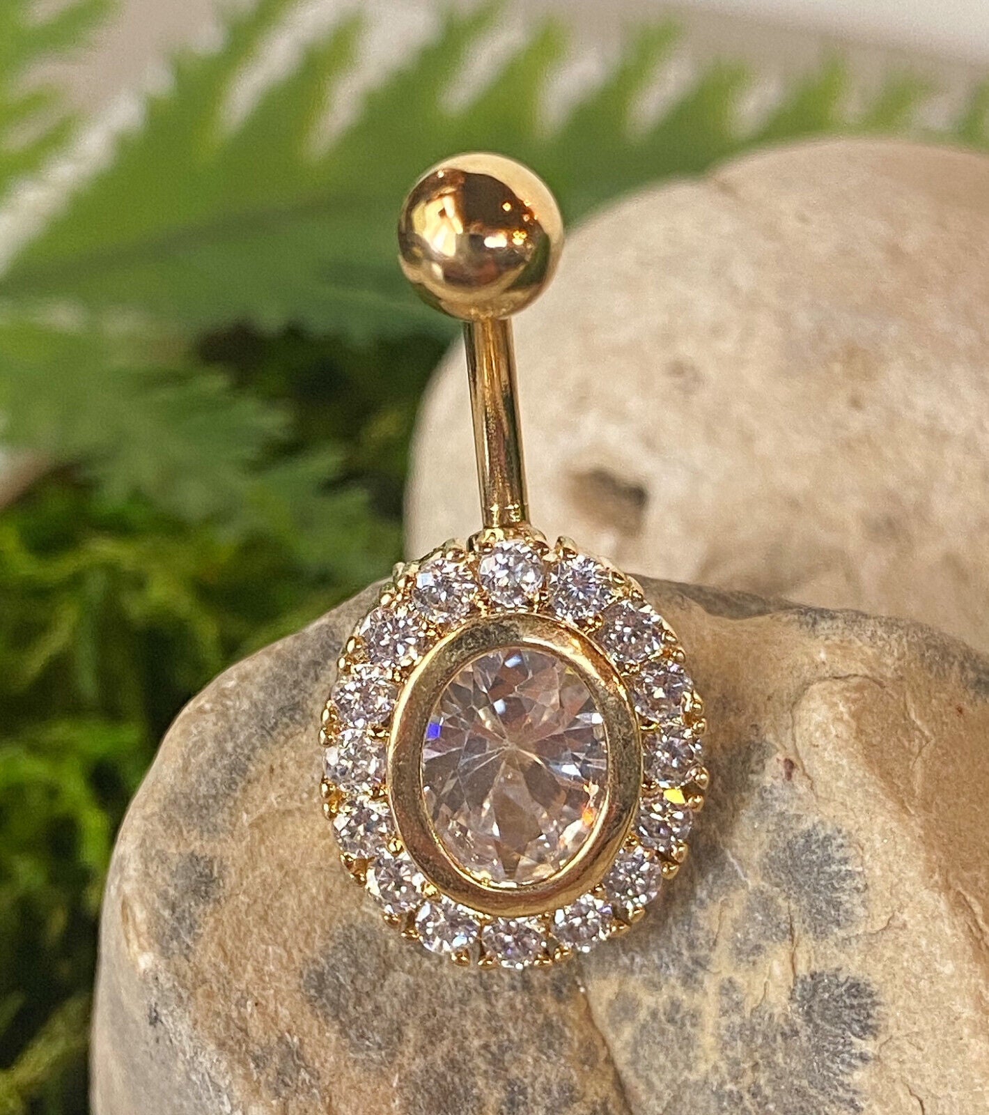 1pc Large Oval Shape CZ 14Kt Gold Plated Pierced Belly Navel Naval Ring