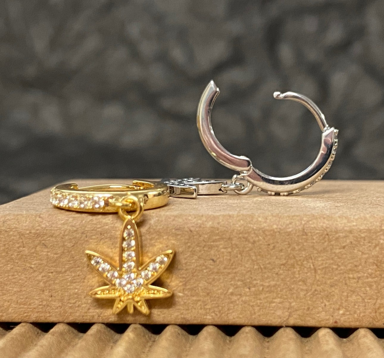 PAIR of CZ Gem Paved Pot Leaf Hinged Hoop Earrings Huggies 18g
