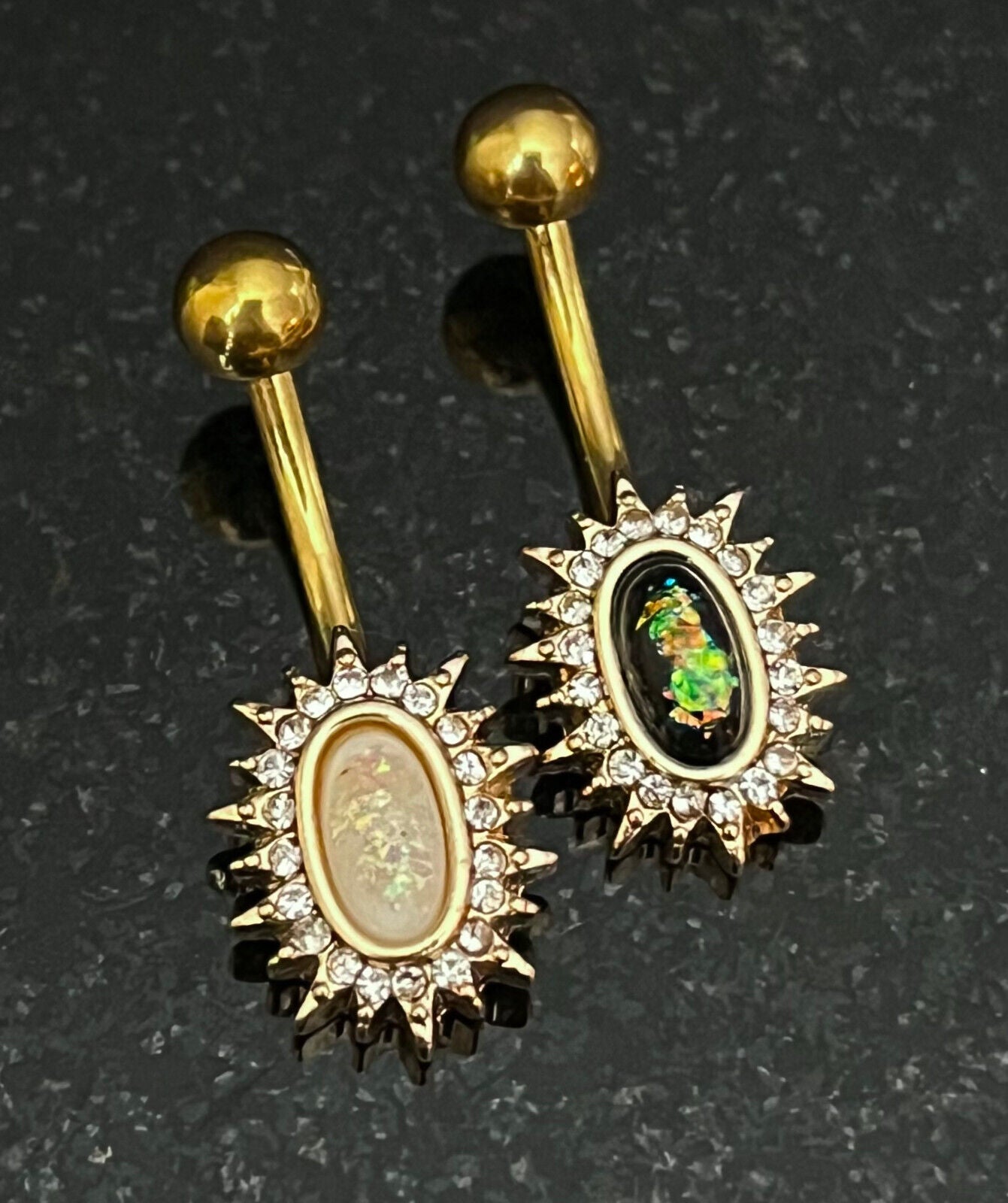 Crystal Paved Oval Sunburst Belly Ring Opal Glitter Center Naval Piercing Navel