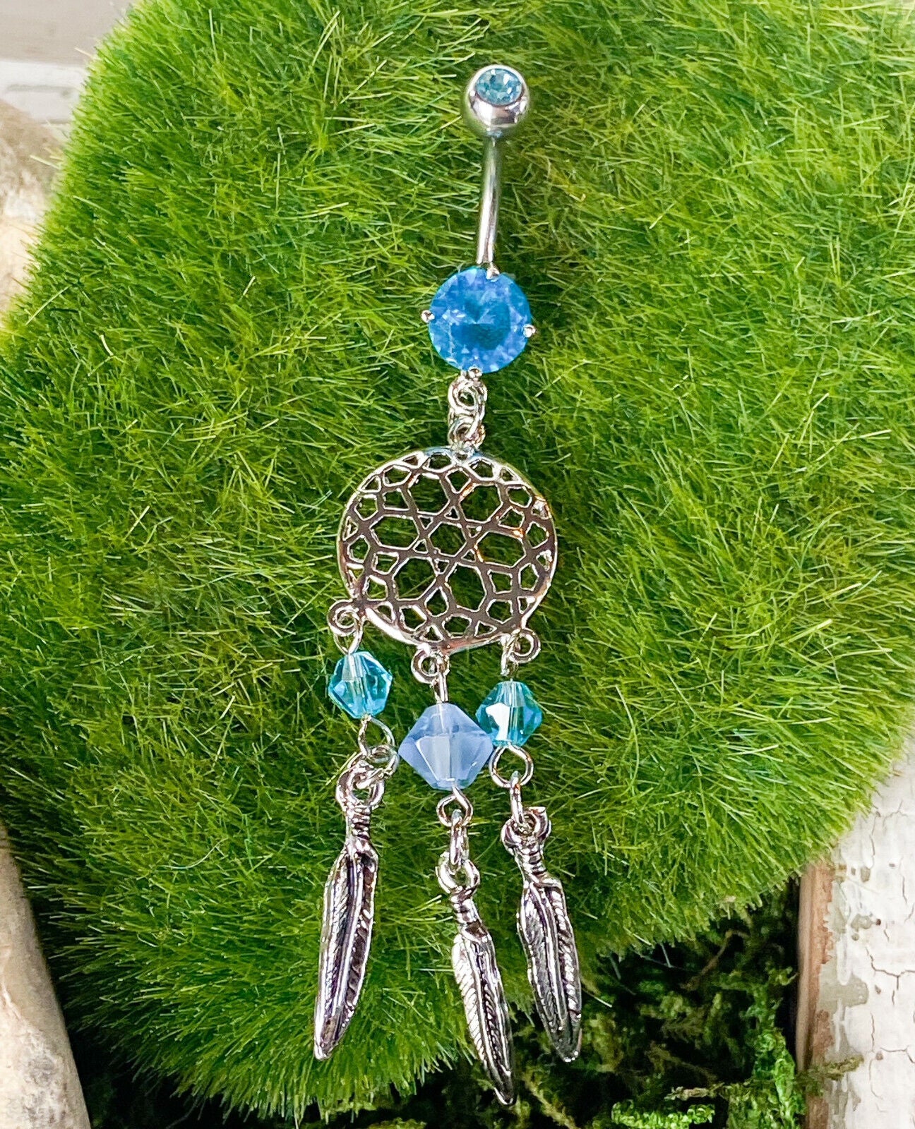Dream Catcher Beaded Feather CZ Gem Belly Ring Pierced Navel Clear, Pink, Aqua