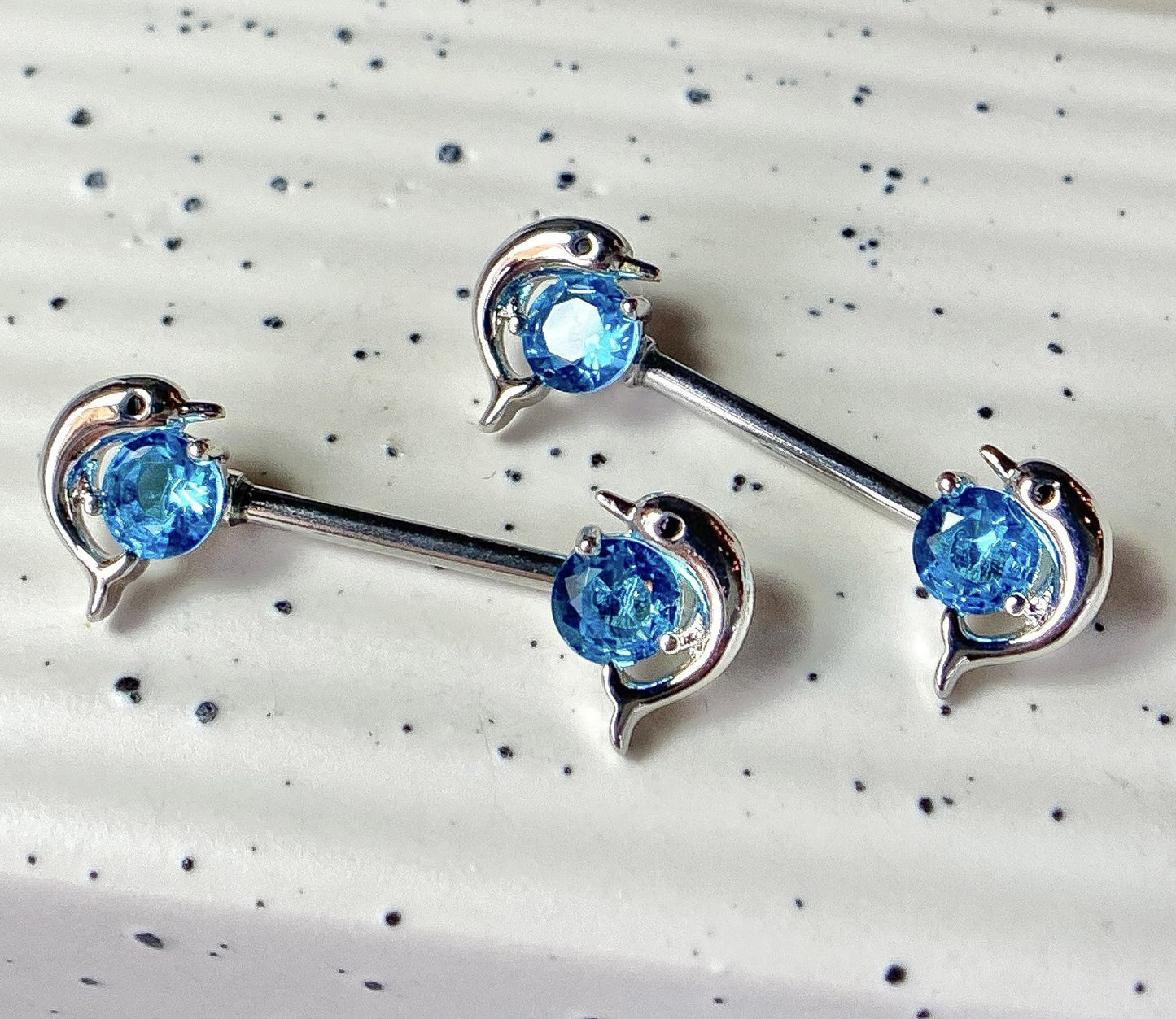 PAIR Dolphin Gem Ends Nipple Rings Shields Barbells Body Jewelry