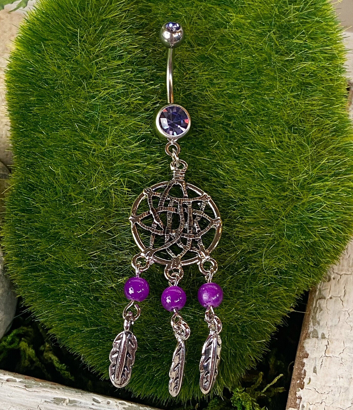 Dream Catcher Beaded Feather CZ Gem Belly Ring Navel Naval Clear, Pink, Aqua