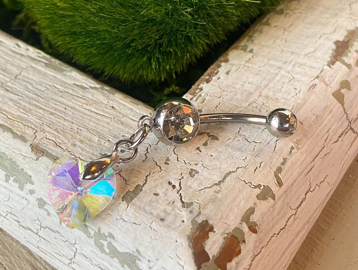 Crystal Ray Prism Heart Gem Belly Ring Navel Naval AB, Clear, Pink, Aqua
