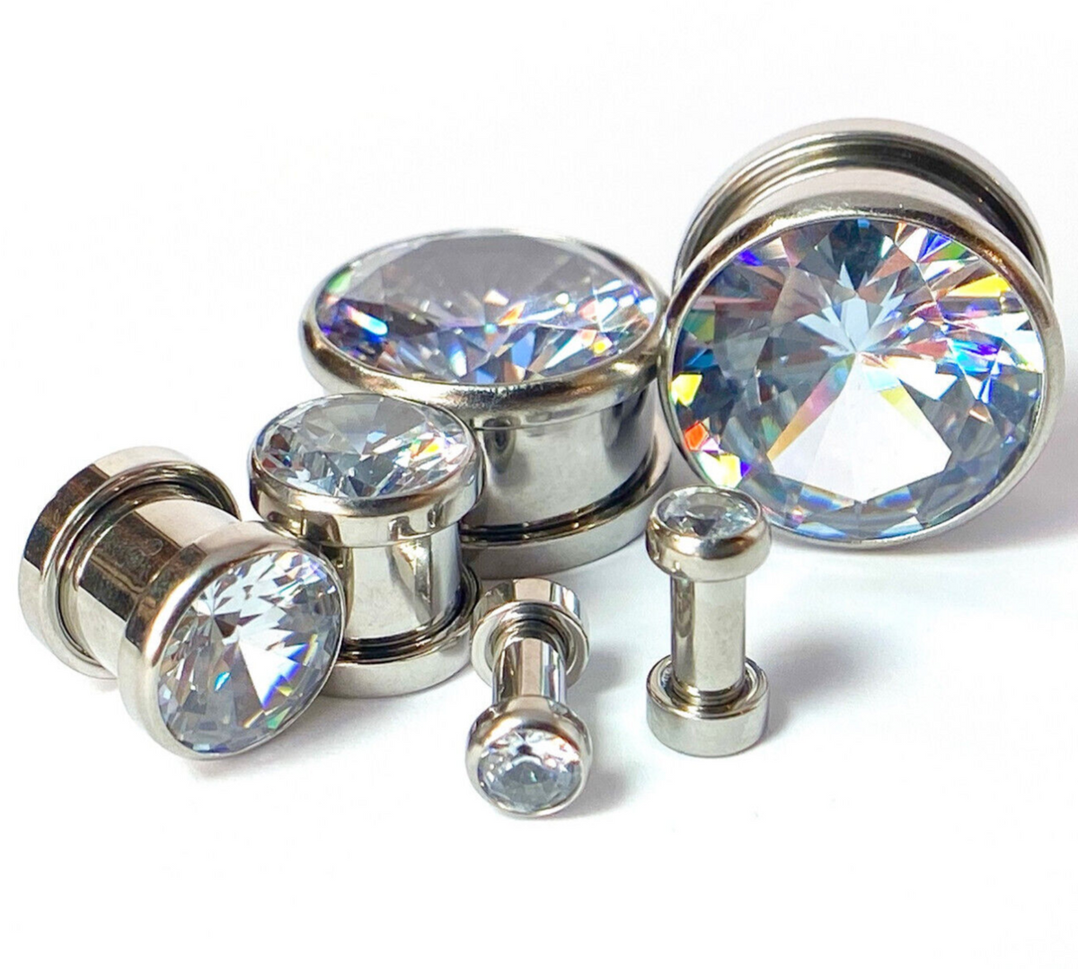 PAIR Large Gem Screw Fit Tunnels Ear Plugs Gauges Pierced Piercing Body Jewelry